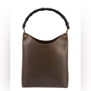 Women’s Gucci Brown Leather Shoulder Bag with Black Bamboo-Style Handle